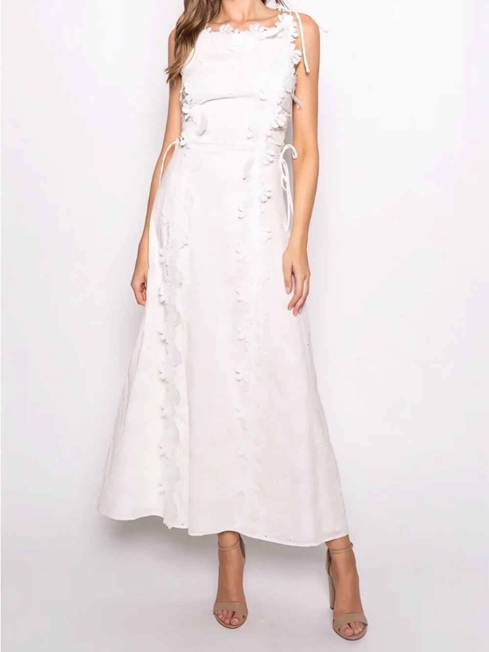 Eyelet White Maxi Dress with Floral Embroidery, Adjustable Straps, & Corset Side